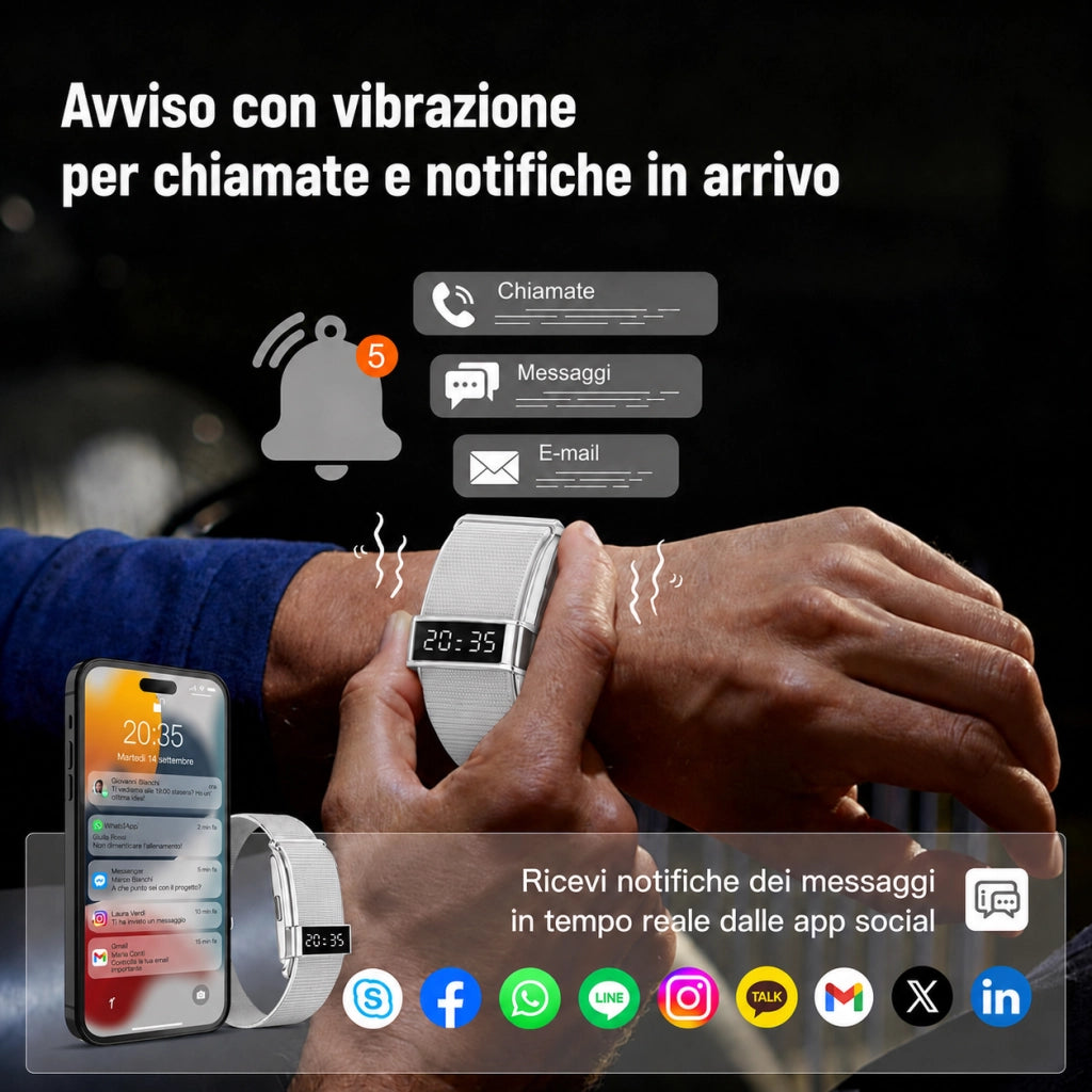 Smartwatch Orologio connesso con display nascosto; monitoraggio 24 ore su 24 della salute: battito cardiaco; HRV; SpO2 e sonno; 2 braccialetti; app gratuita per iOS e Android - Argento