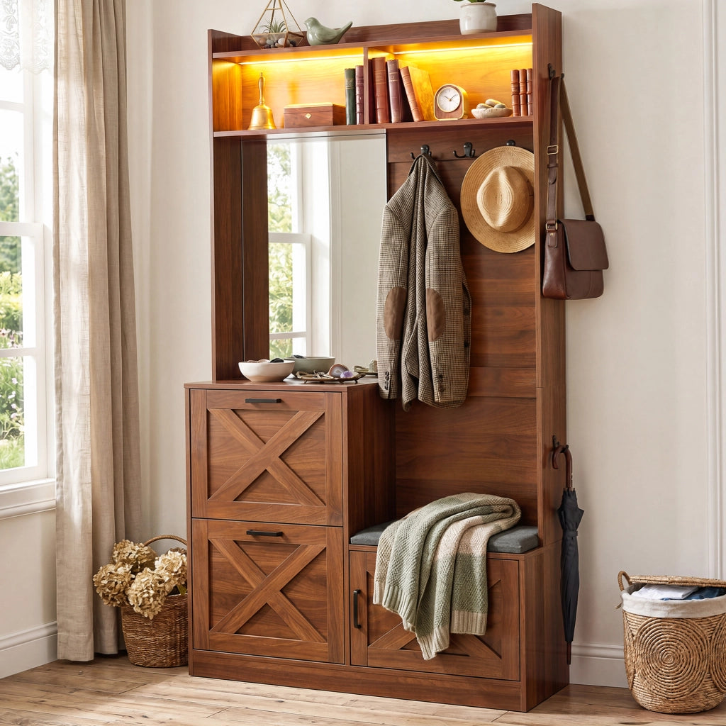 Mobili da ingresso con specchio; 2 vani ribaltabili per scarpe; LED regolabile via app; panca; noce; 100 × 25 × 180 cm