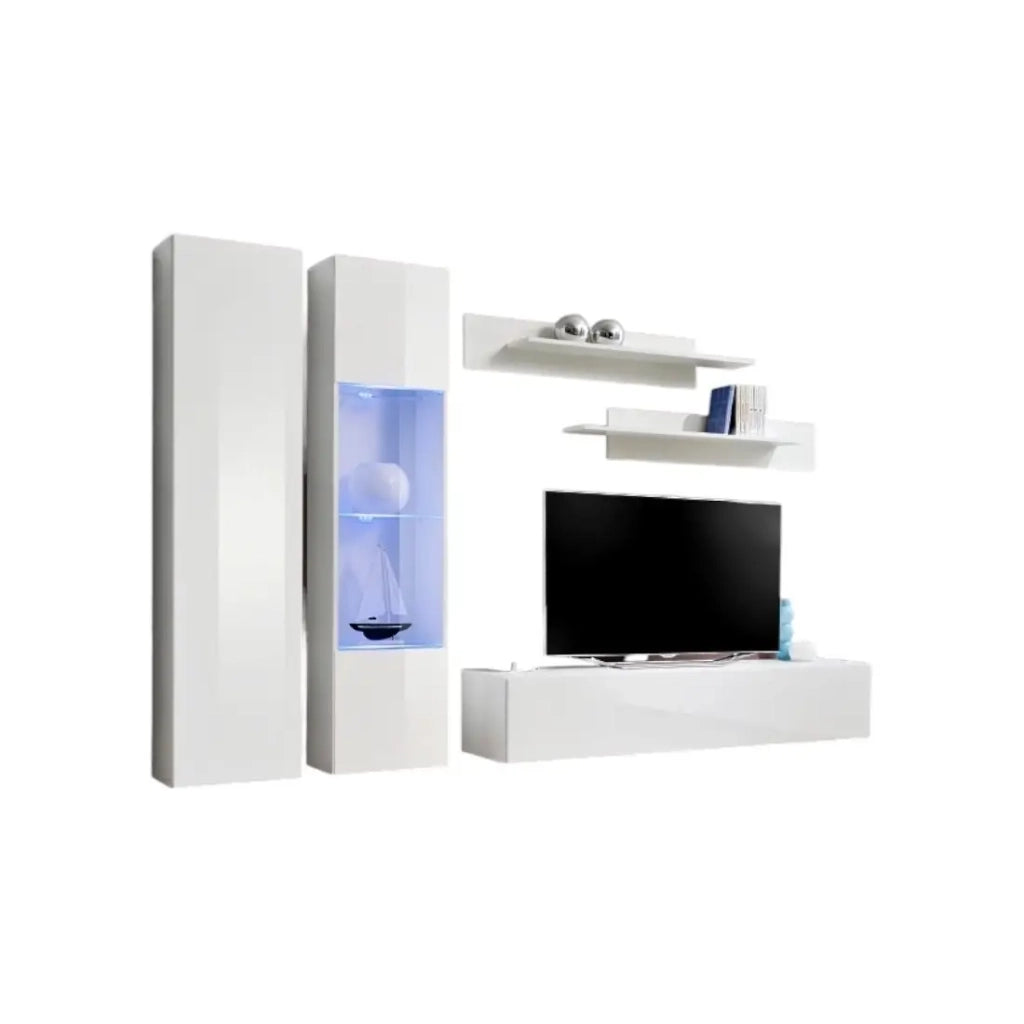 Mobile TV FLY A5 design, colore bianco lucido + LED. Mobile sospeso moderno e di tendenza per il tuo soggiorno.