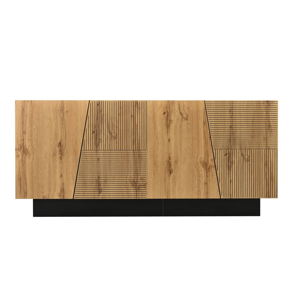 Credenza, mobile da ingresso, 4 ante, finitura effetto legno, ripiani regolabili, nero e color legno