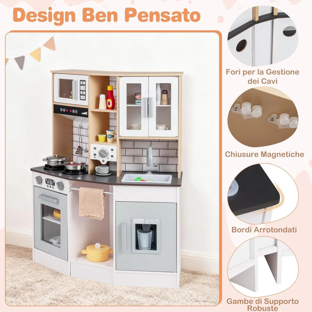 Cucina Giocattolo per Bambini, Cucinetta in Legno con Suoni e Luci, Fornello, Lavandino, Macchina del Caffè, Gioco Cucina di Ruolo per Bambini 3+ Anni (Grigio)