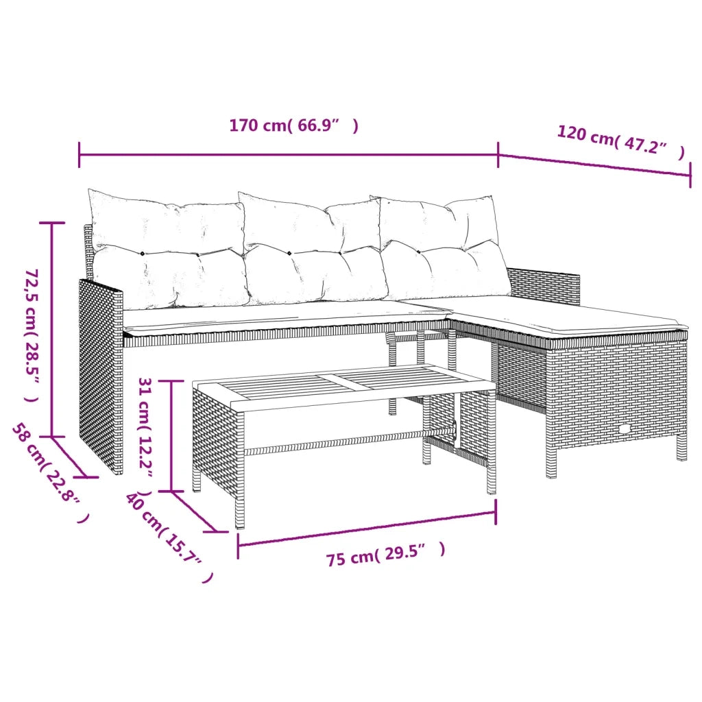 Divano da Giardino con Tavolo e Cuscini a L Beige in Polyrattan 365583
