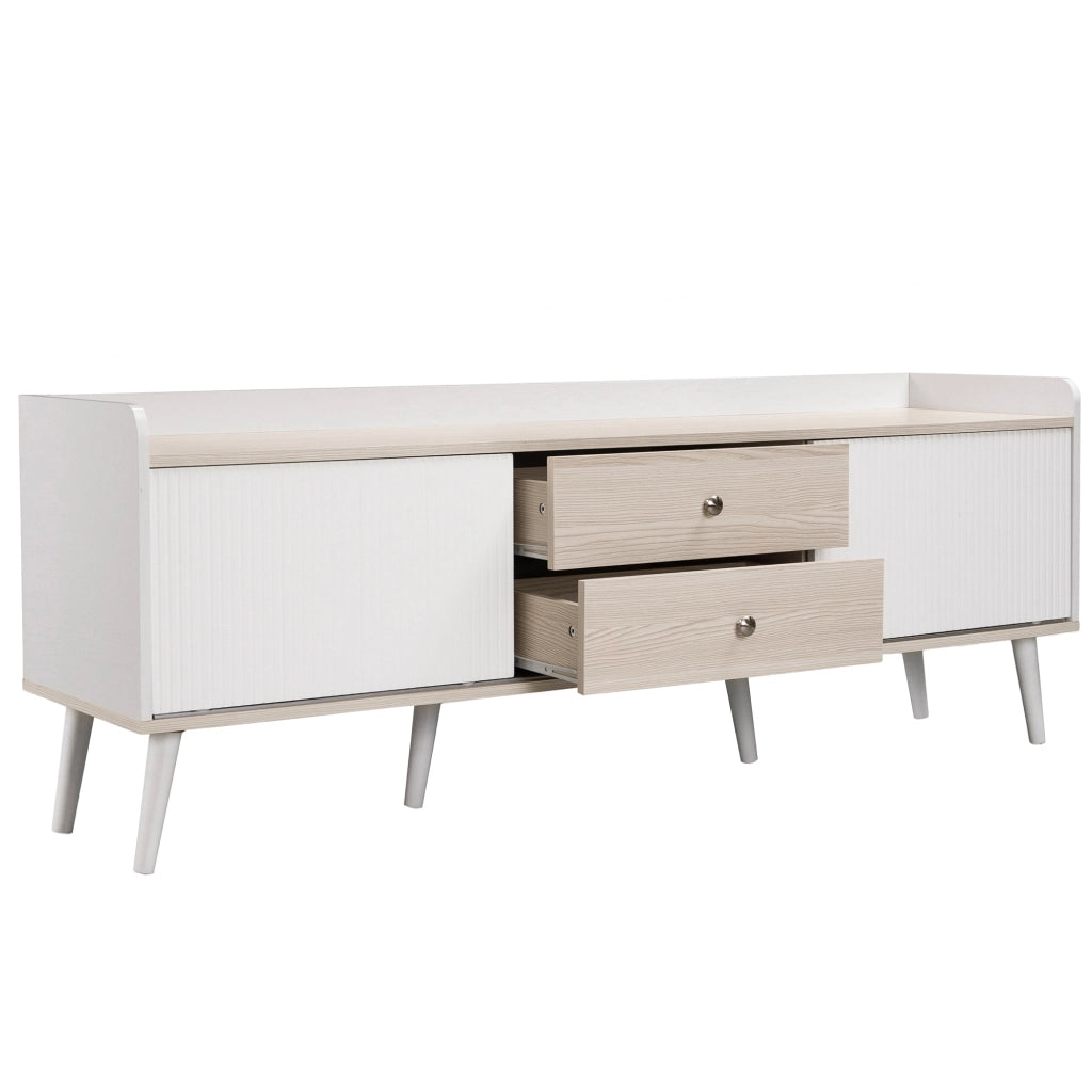 Mobile porta tv con due ante scorrevoli e due cassetti in pannello truciolare E1 bianco e legno 160 × 40 × 58 cm