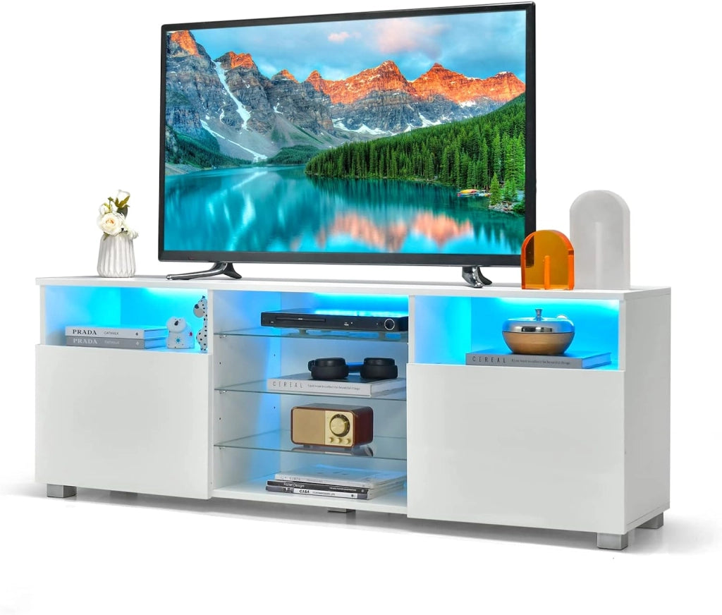 Mobile Porta TV con Luci, Mobile TV per Televisione Fino a 65", Tavolino Multifunzionale da Soggiorno, con Ripiani in Vetro Regolabili, Mobiletto Porta TV a 2 Porte, 146 x 35 x 53 cm