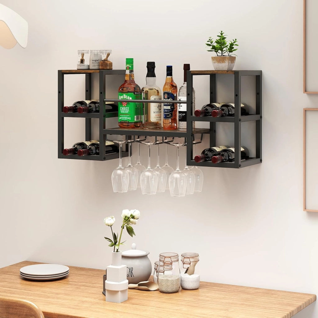 Portabottiglie da Parete con Porta Bicchieri, Struttura in Metallo per 8 Bottiglie con Ripiano Aperto, Scaffale da Muro a 3 Livelli per Sala da Pranzo e Cucina, 89 x 25 x 40 cm