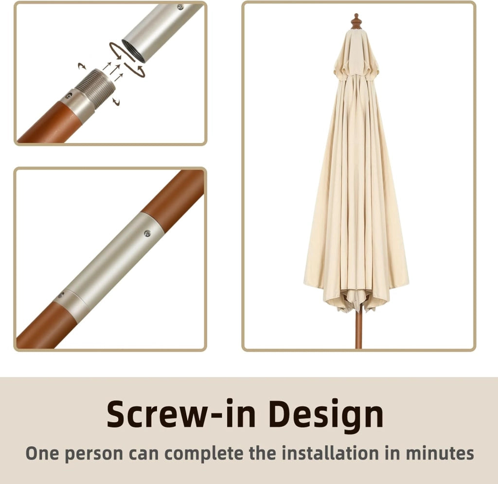 Ombrellone da Giardino 270/300cm con 8 Stecche, Angolo Inclinabile, Anti UV, Ombrellone Parasole Antivento con Struttura in Legno per Spiaggia, Balcone, Patio, senza Base, Beige