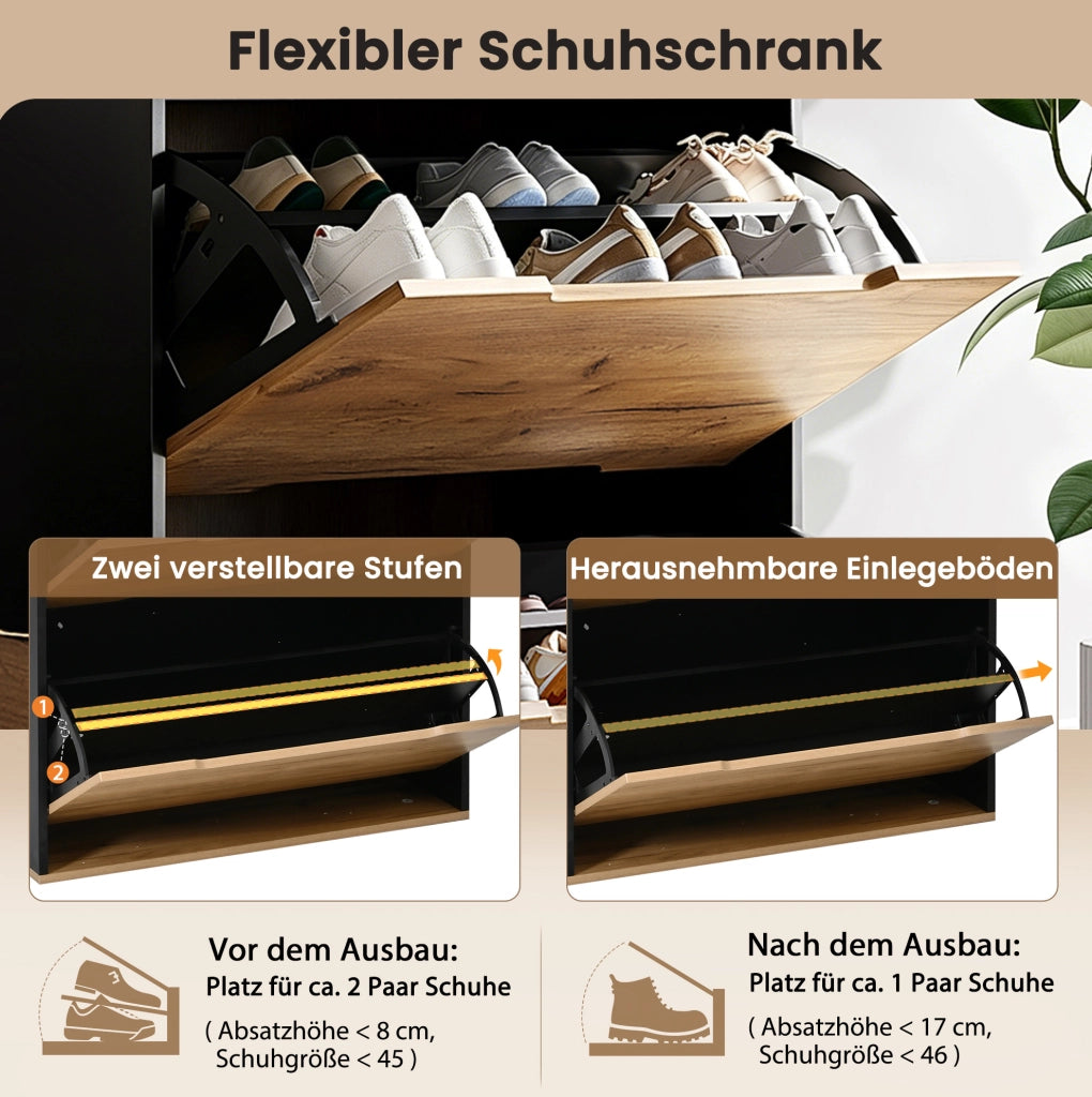 Set guardaroba modulare con scarpiera, panca, specchio e 4 ganci, naturale e nero