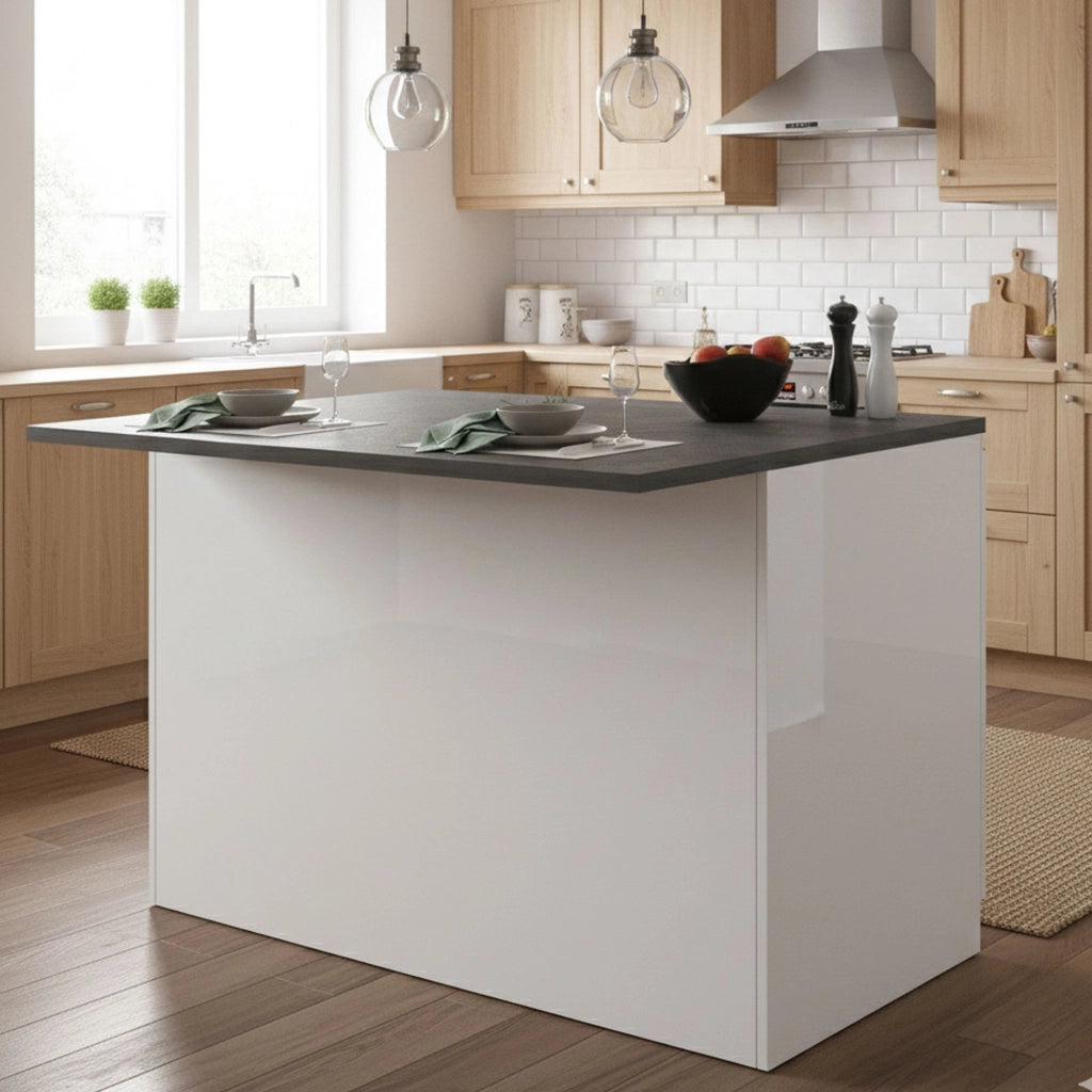 Isola da cucina Analiza, Mobile da cucina a 2 ante, Tavolo ausiliario portaoggetti, 100% Made in Italy, 125x90h90 cm, Bianco lucido e Ardesia