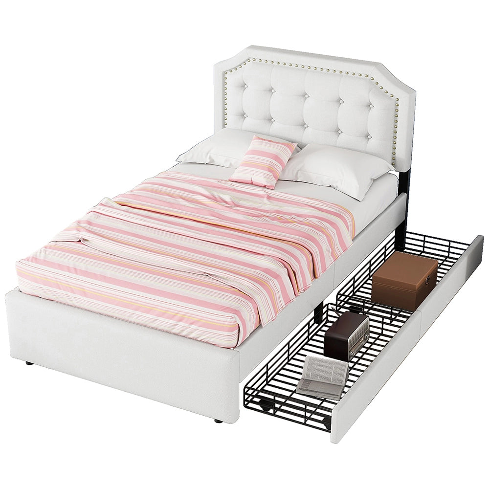 Letto singolo imbottito - Xylo - 90x200 cm - Beige chiaro - 2 cassetti, comodino, rivetti decorativi