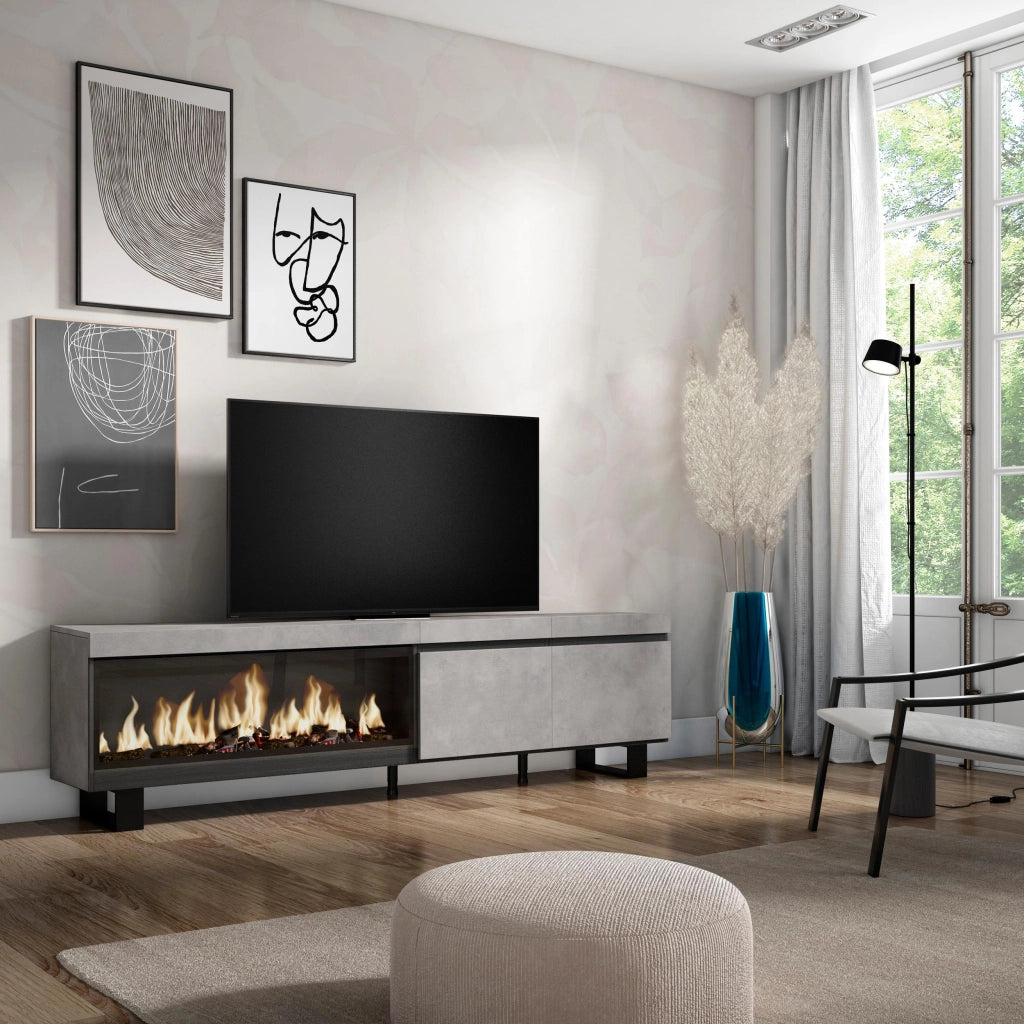 Mobile TV, Soggiorno, 208x35x57cm, Per TV fino a 80", Camino elettrico XXL, Design industriale, grigio cemento RF3205