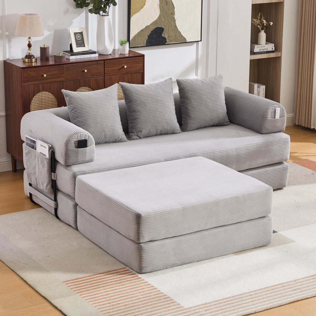 SOFA MODULARE in corduroy 200x190x67 cm Grigio Chiaro con 3 cuscini e poggiapiedi