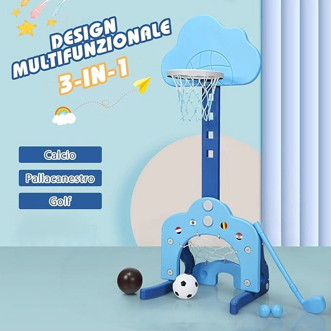 Basket per Bambini Centro attività Multifunzione - Palla Canestro, Calcio e Golf, Mazza da Golf e Palle incluese, per Bambini, Altezza Regolabile (Nuvola Azzurra)