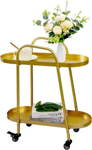 Carrello da Bar 2 Livelli in Metallo con Decorazione in Oro e Ruote Chiuse