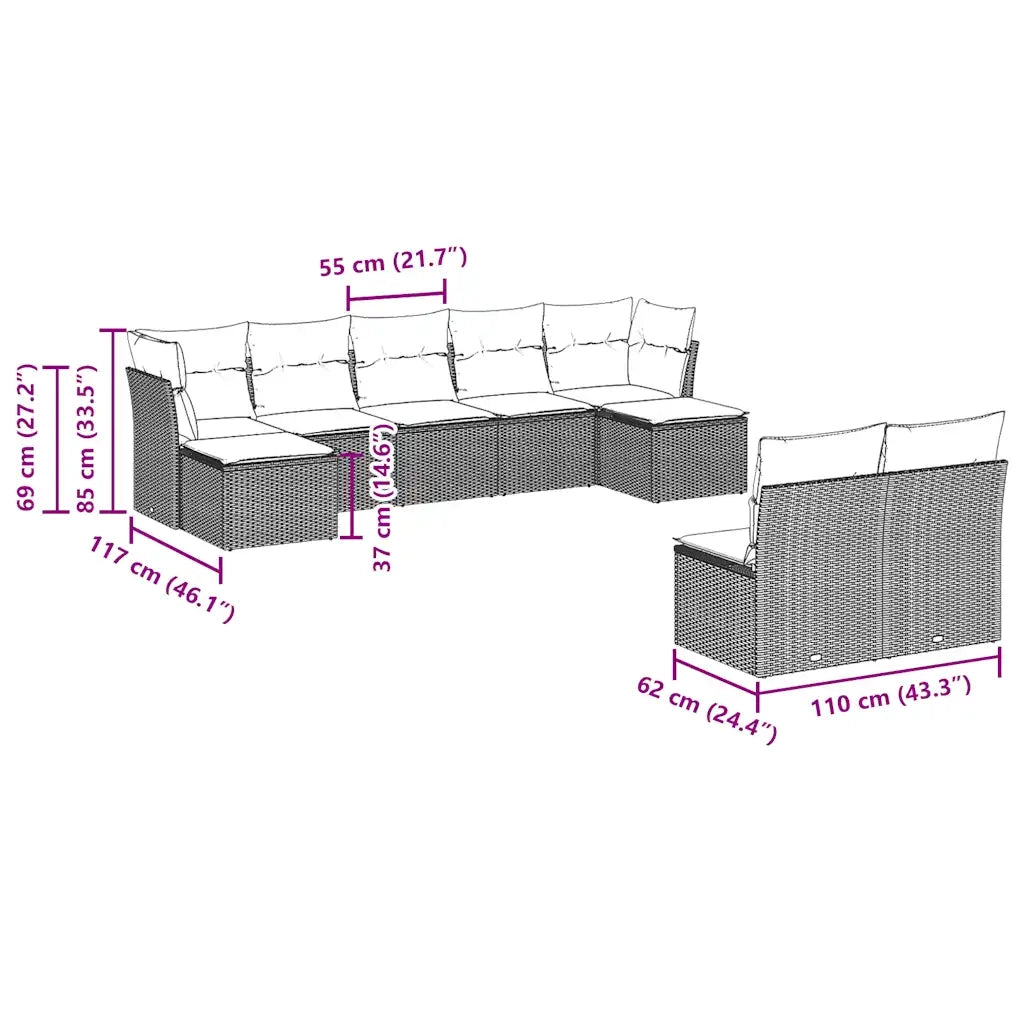 Set Divani da Giardino 9 pz con Cuscini Nero in Polyrattan 3250105