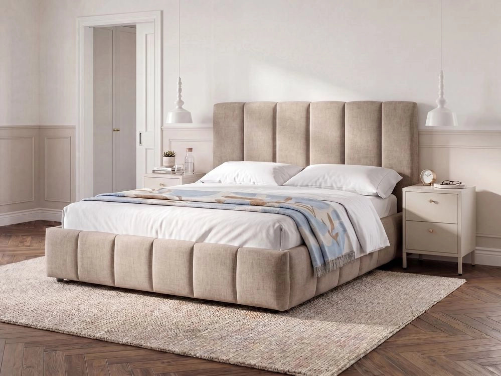 Letto matrimoniale contenitore con trapuntatura verticale in tessuto tortora 180x200 cm struttura sollevabile e testiera alta