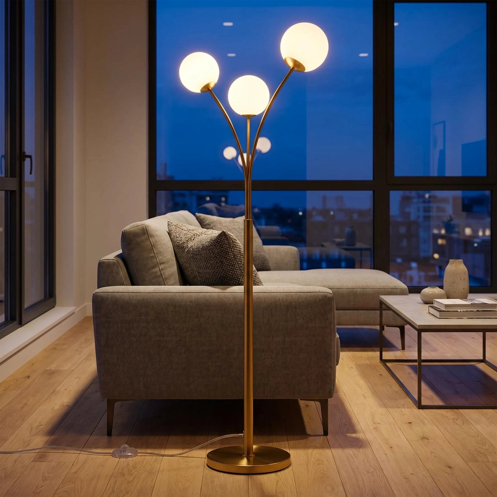 Piantana da Terra a 3 Luci Sfera G9 Lampada di Design per Interni Bronzo con Interruttore a Pedale Luce Salotto Soggiorno 230V