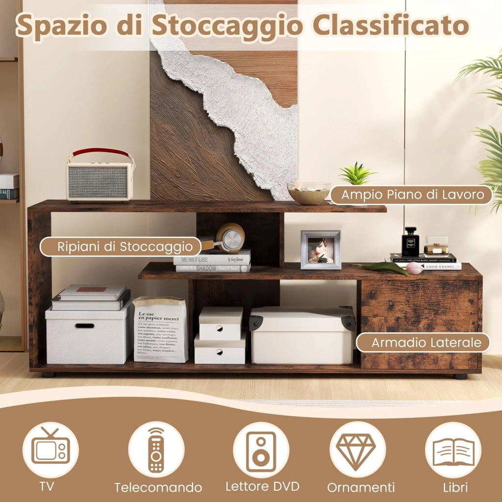 Mobile Porta TV, per TV Fino a 55'', Console Media a 3 Ripiani Asimmetrici con Ripiani di Stoccaggio e Armadietto, Mobile TV con Cassetto, 5 Gambe di Supporto (Industriale)
