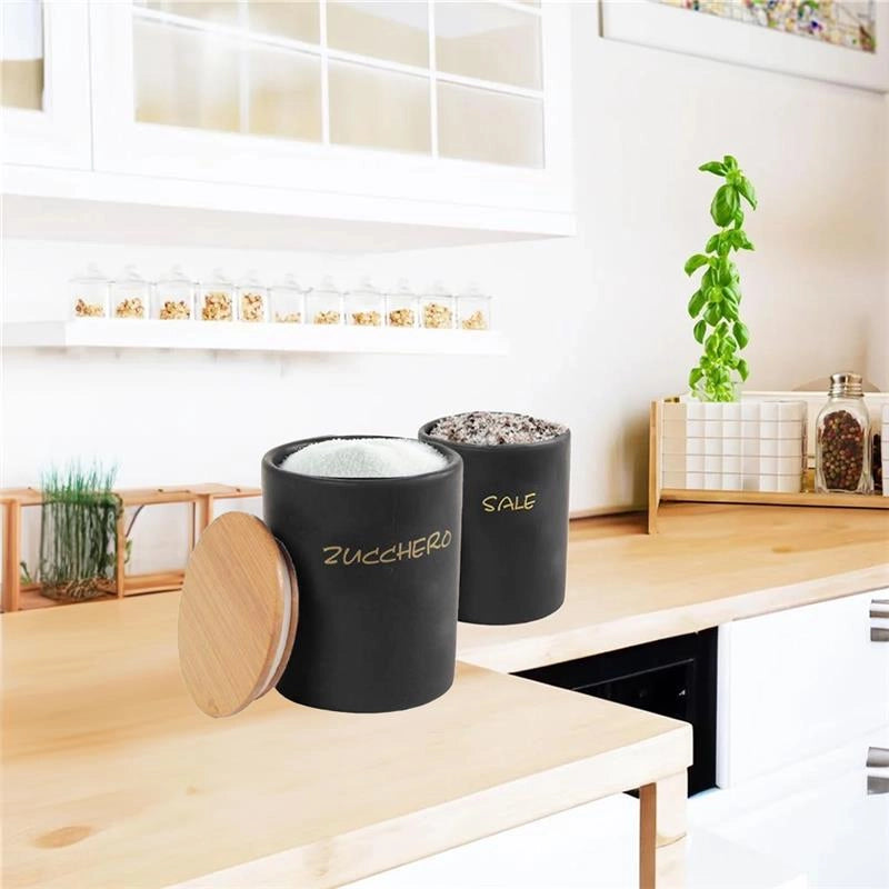 MAURY'S SET DI BARATTOLI TONDI SALE E ZUCCHERO 10X13 CM CON TAPPO ERMETICO IN LEGNO COLORE NERO