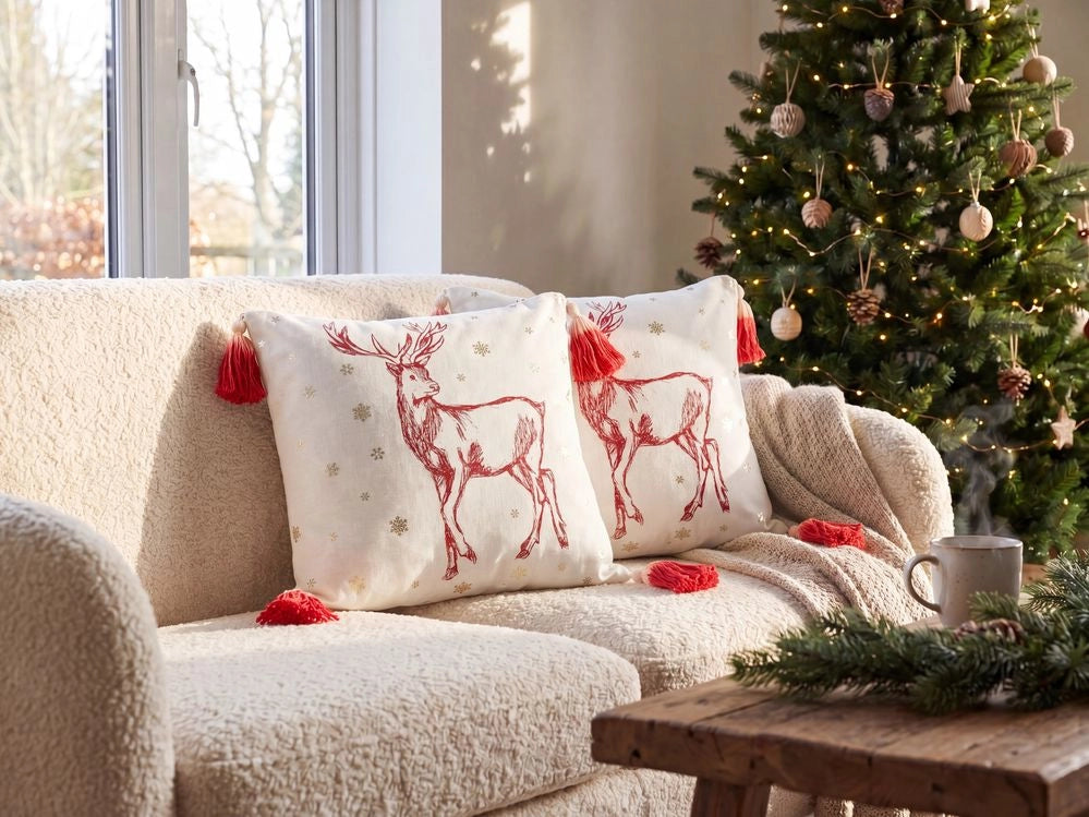 Set di 2 cuscini decorativi in cotone bianco rosso 45 x 45 cm Motivo natalizio Stampa renne Nappe Accessori Decorazione festiva