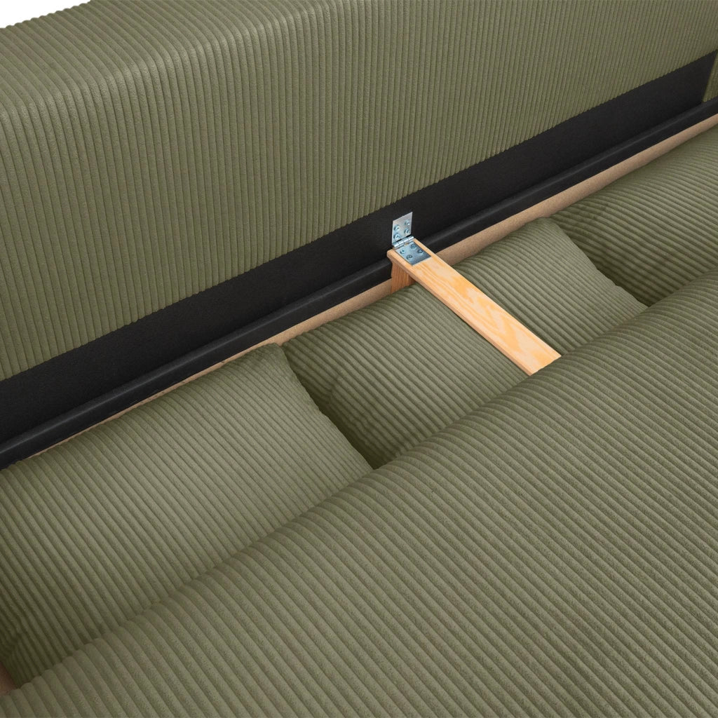 Divano letto in velluto a coste con contenitore, 3 posti, verde kaki