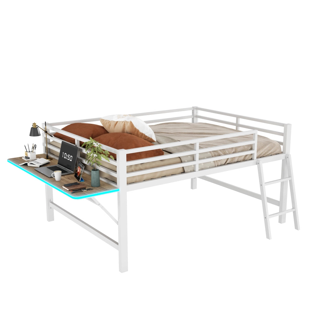 Letto a soppalco 140 × 200 cm con scrivania pieghevole, LED, sponde e scala, senza materasso, bianco