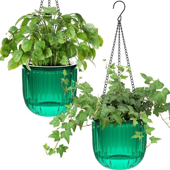 Set di 2 vasi auto-irriganti per piante, contenitori per piante, vasi per piante da appendere, 16,5 cm vasi per piante da appendere per interni con 3 ganci, fori di drenaggio per interni ed esterni, balconi, decorazione per parete (verde)