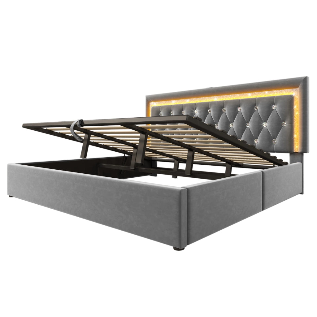 Letto Matrimoniale 180x200 Grigio in Velluto con Contenitore Idraulico; LED; USB Type-C