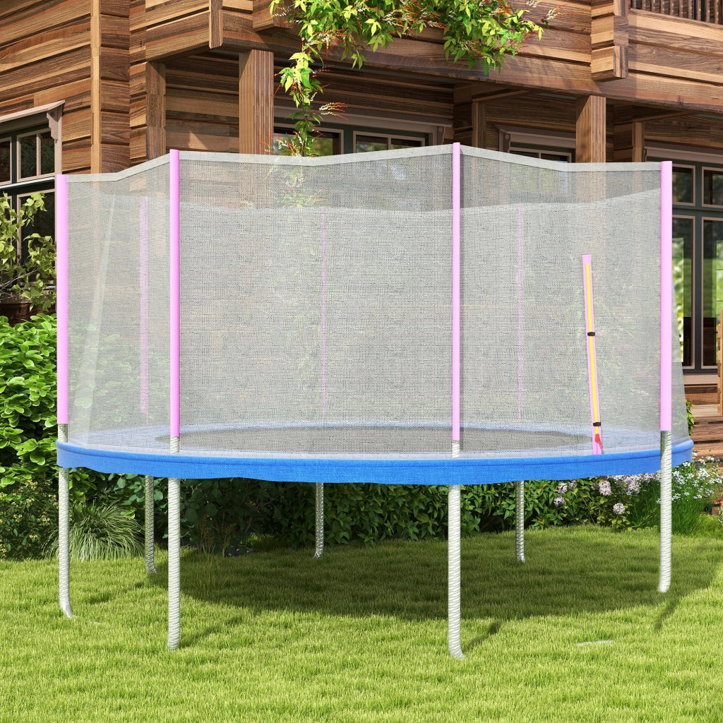 Rete di Protezione per Trampolini a 8 Pali con Ingresso con Cerniera, in PE, ?366x180 cm, Nero e Rosa