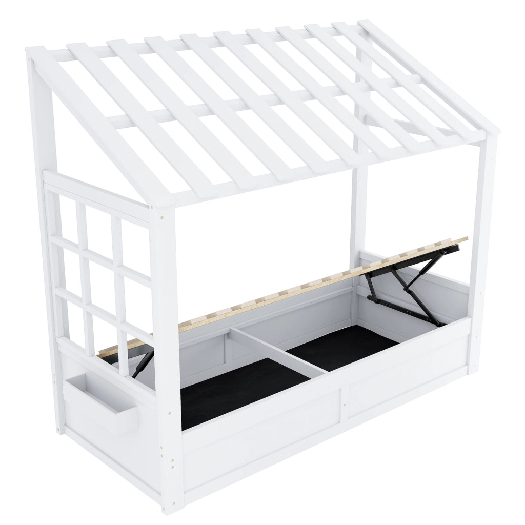 Letto per bambini 90x200 cm con contenitore idraulico e vani laterali; bianco