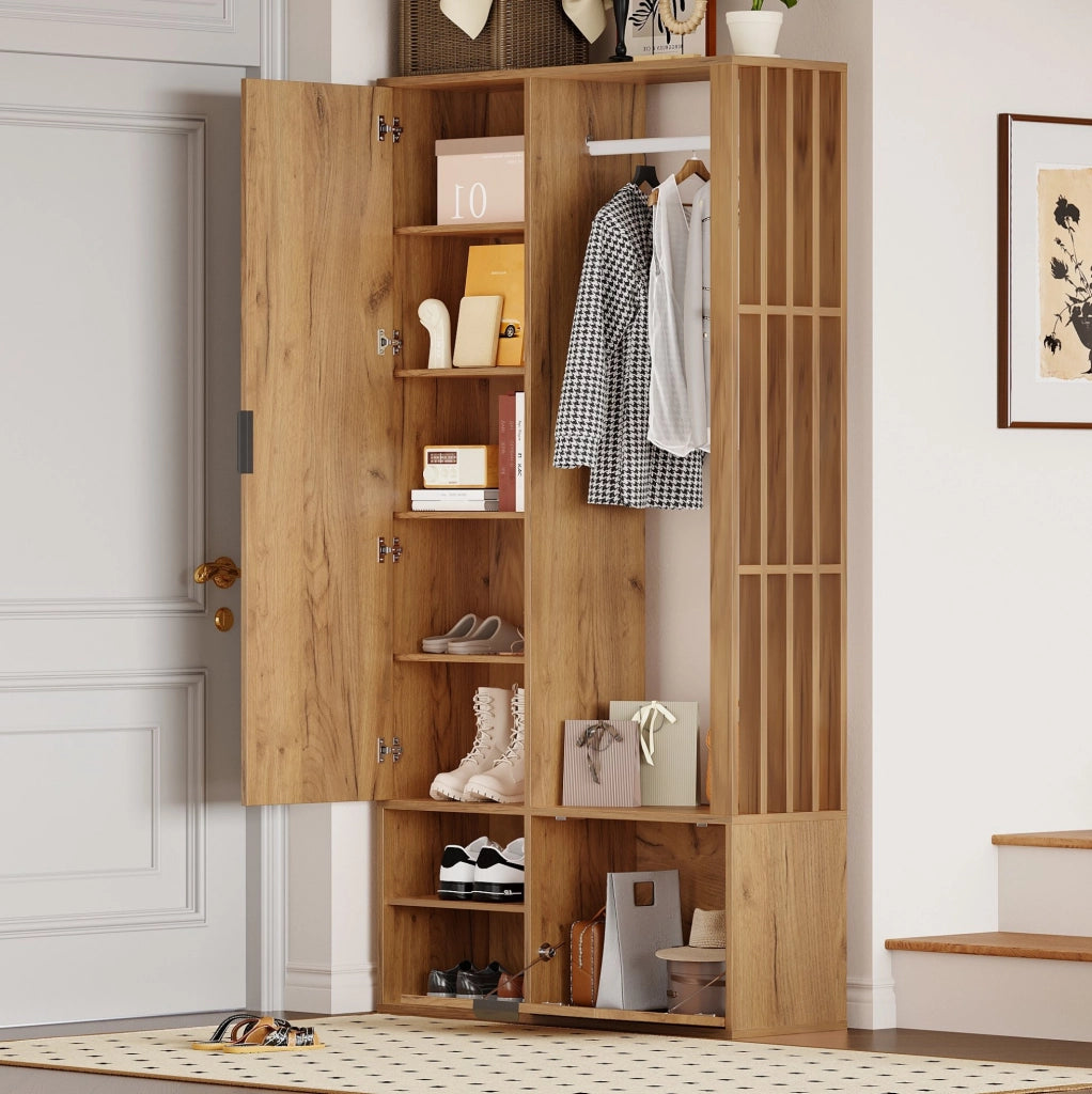 Mobile ingresso 6 in 1 con specchio, appendiabiti e 9 vani, 100x33x190 cm