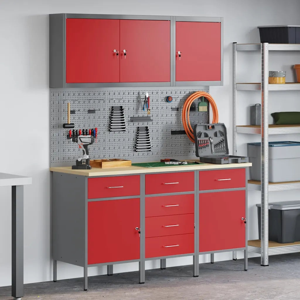 Mobile da lavoro 8 pcs Rosso Legno ingegnerizzato e acciaio 3321441