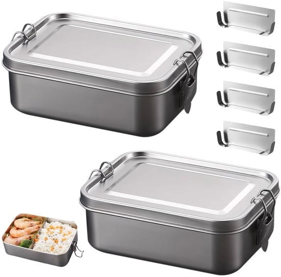 Contenitore per pane 2 pezzi - Scatola per picnic in acciaio inossidabile - Sicuro per bambini - Gomma di sigillazione - Cesti con pareti divisorie - 850 ml