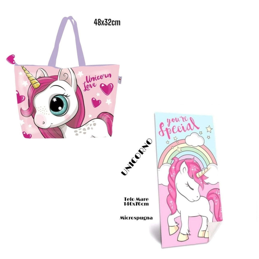 Trade Shop - Telo Mare In Cotone Unicorni + Borsa Mare Coordinata Asciugamano Mare Piscina -