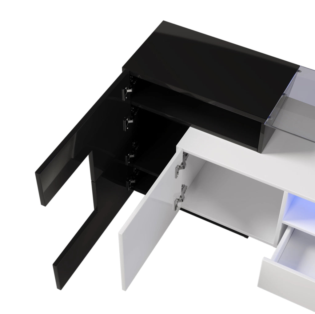 Mobile TV con LED multicolore, 4 ante e 2 cassetti, nero e bianco, 200 cm
