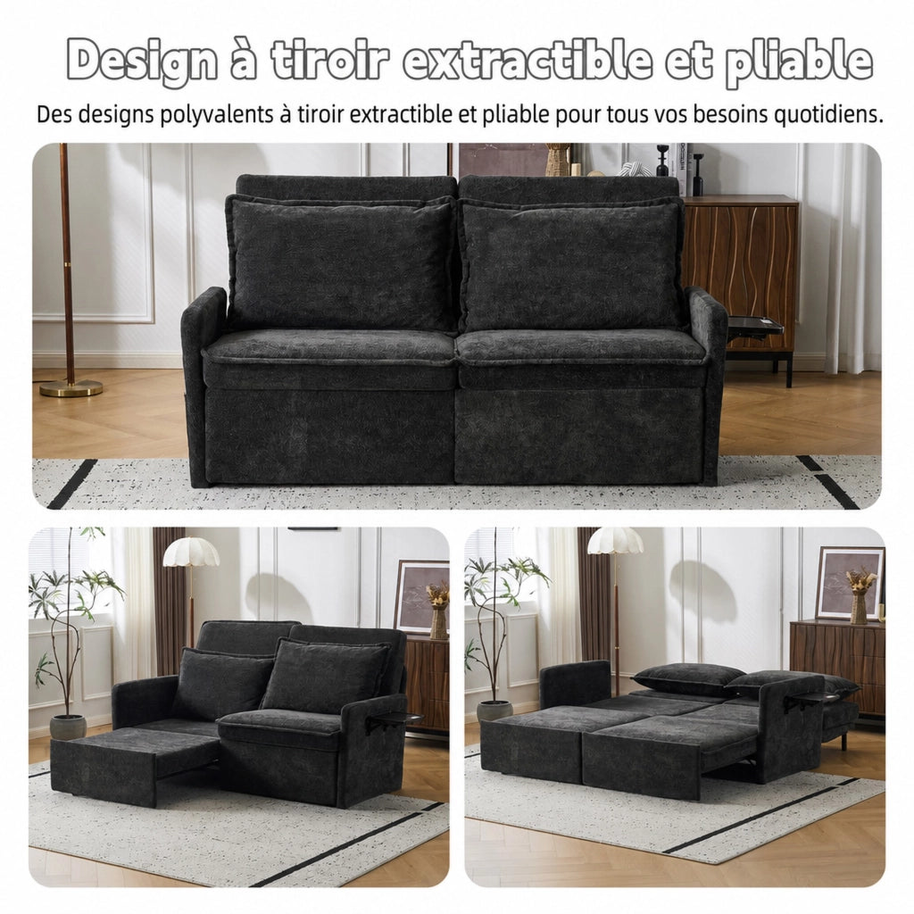 Divano letto pieghevole in ciniglia nera con USB/Type-C e schienale regolabile