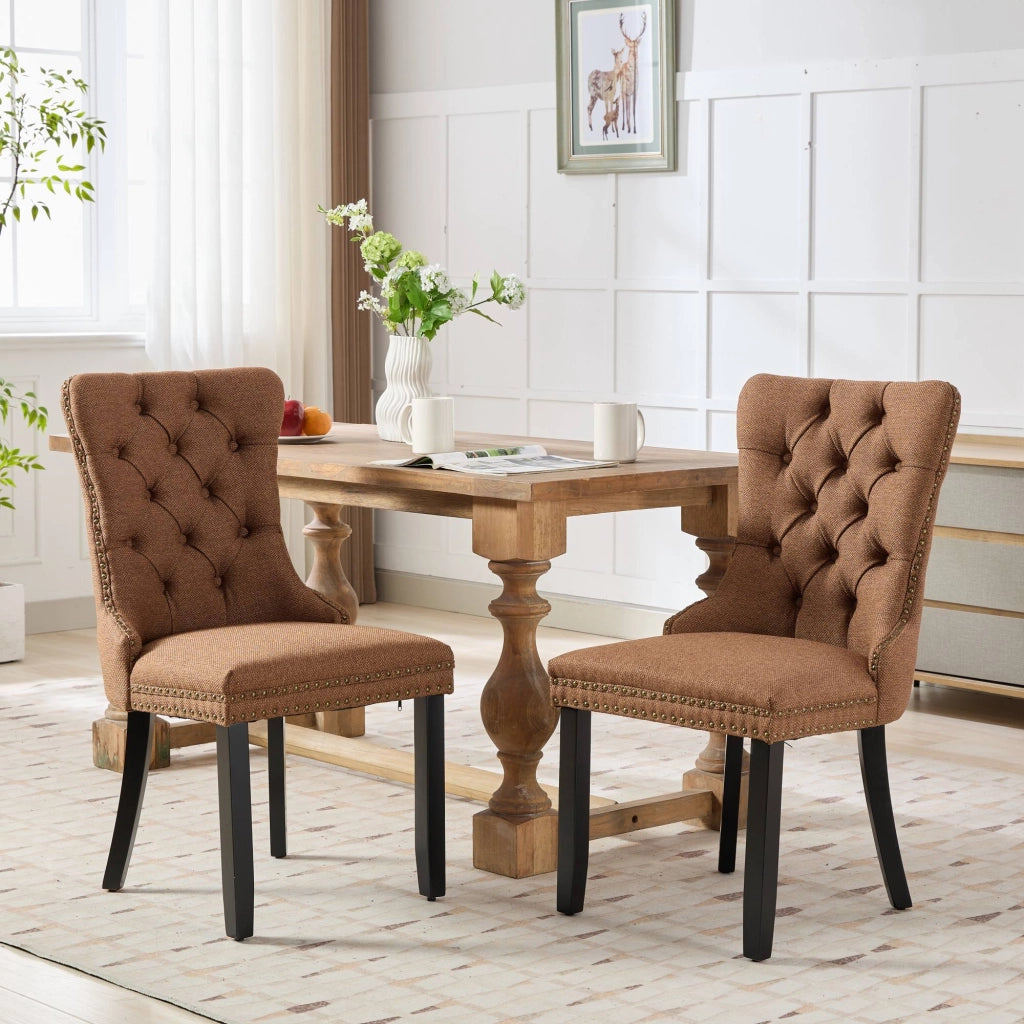 Sedie da Pranzo Imbottite in Lino con Gambe in Legno Massello, Set 2 Pezzi ¨C Xylo ¨C Marrone