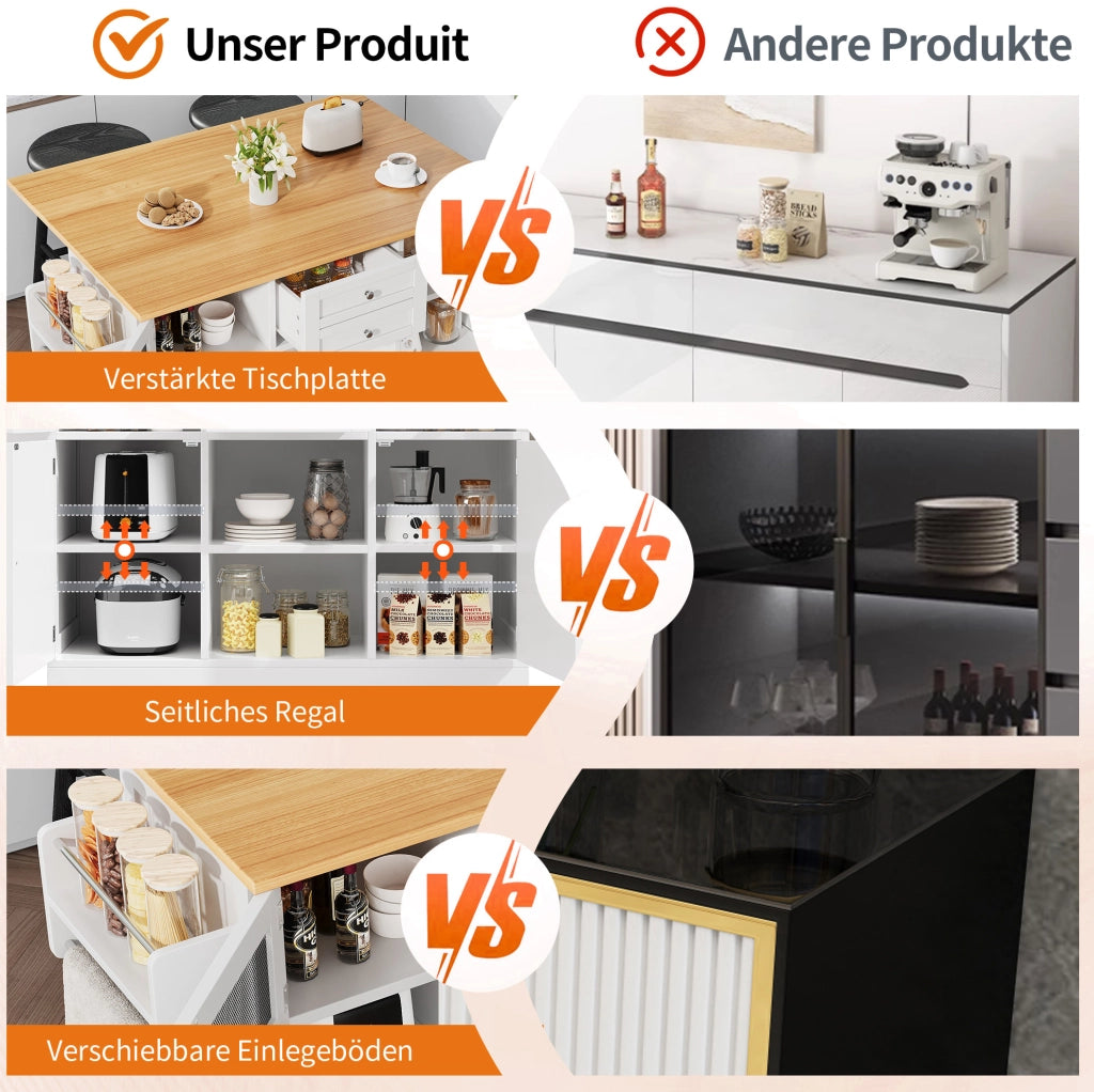 Isola cucina pieghevole con ruote, piano MDF e contenitore
