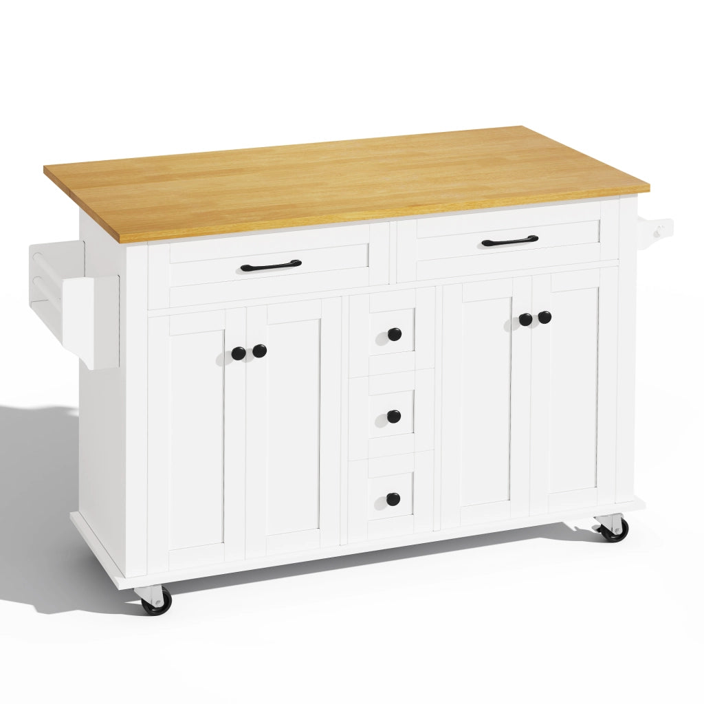 Isola da Cucina Mobile 140x40/65x89 cm Bianca e Legno con Piano Ribaltabile, 5 Cassetti e 5 Ruote
