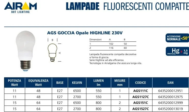 Lampada ai l.fredda fluor. gocc. ags111c e27 11w compatte decorat