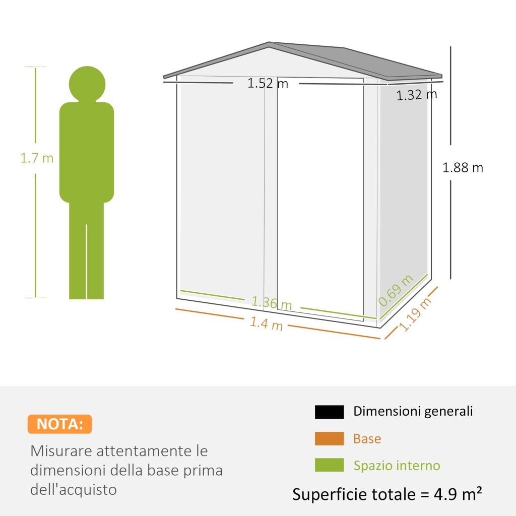 Casetta da Giardino Porta Attrezzi 152x132x188 cm con Tetto Inclinato e 4 Prese d'Aria in Acciaio Grigio