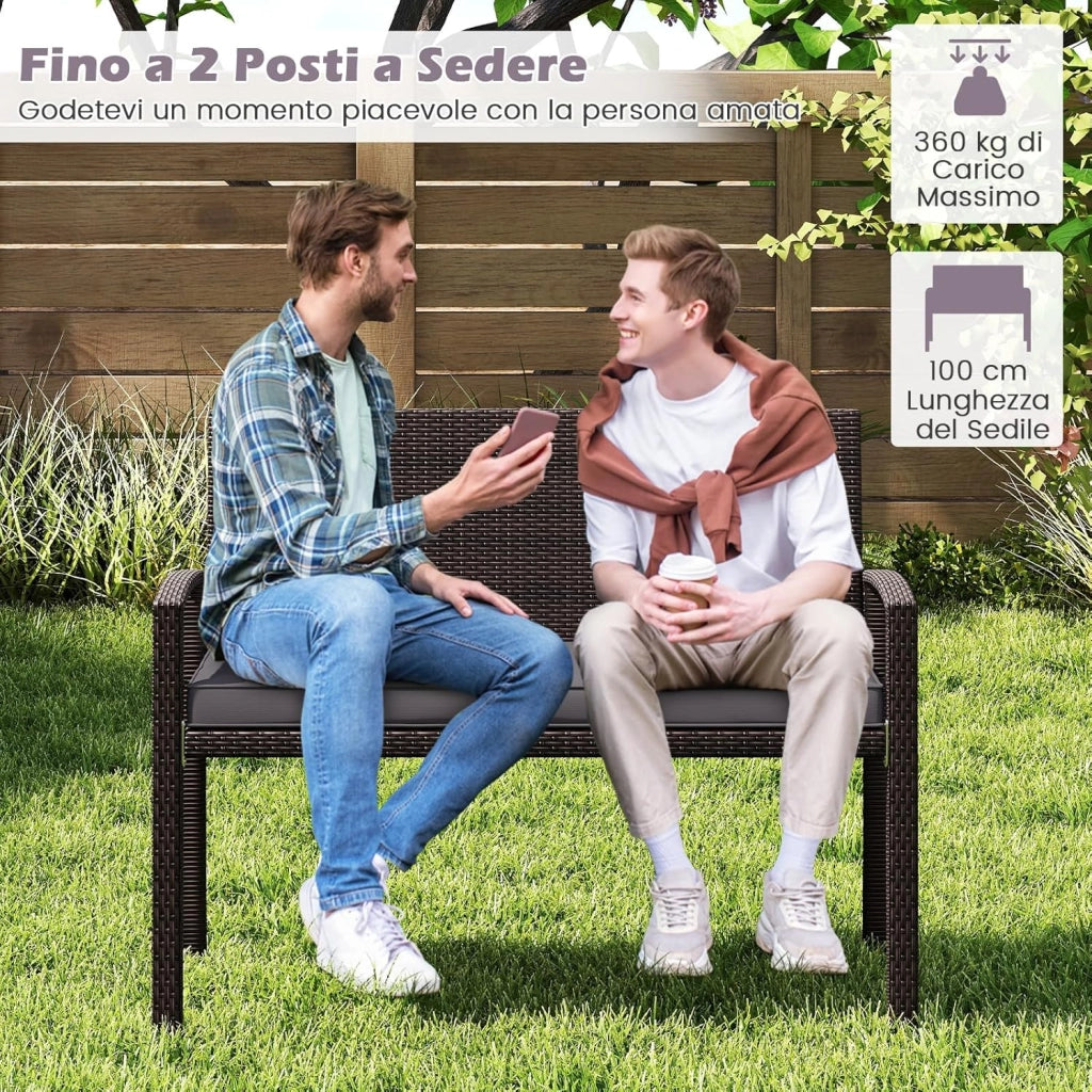 Panchina da Esterno in Rattan PE 110 x 56 x 84 cm, Panchina da Giardino con Morbido Cuscino, Schienale e Braccioli, Poltrona per Veranda, Balcone e Ingresso (Grigio)