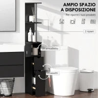 Mobile Colonna Salvaspazio in Legno con Ripiani, Armadietto e Cassetti, Nero, 15x33x136cm