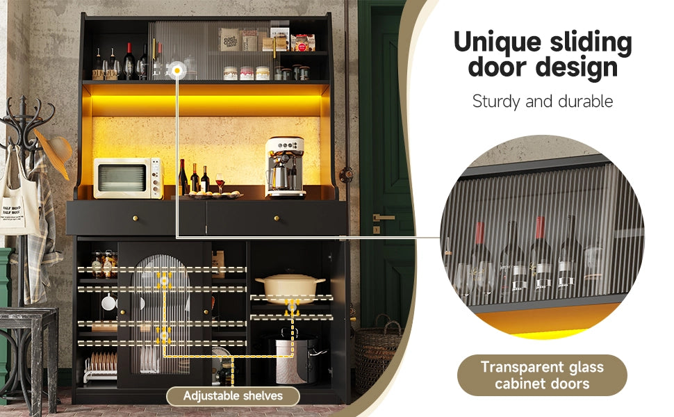 Credenza con Vetrina e LED ¨C MINIMAL ¨C Nero, 2 Cassetti, Ripiani Regolabili