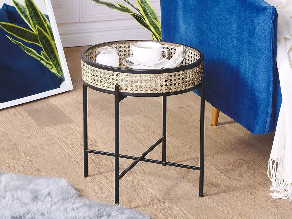 Tavolino in metallo Nero gambe pieghevoli in rattan chiaro piano staccabile rotondo Boho