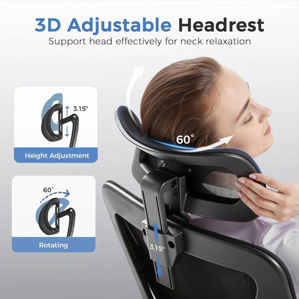 Sedia da ufficio ergonomica, con poggiatesta 3D e supporto lombare 3D, braccioli regolabili, sedia da ufficio con funzione basculante e ribaltabile
