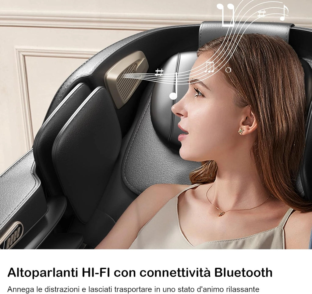Poltrona Massaggiante 12 Modalità, a Zero Gravità, con Airbag e Rulli SL, Riscaldamento sullo Schienale, Rullo per Piedi, Rilevatore Corpo Automatico, Altoparlante Bluetooth e Timer (Nero)