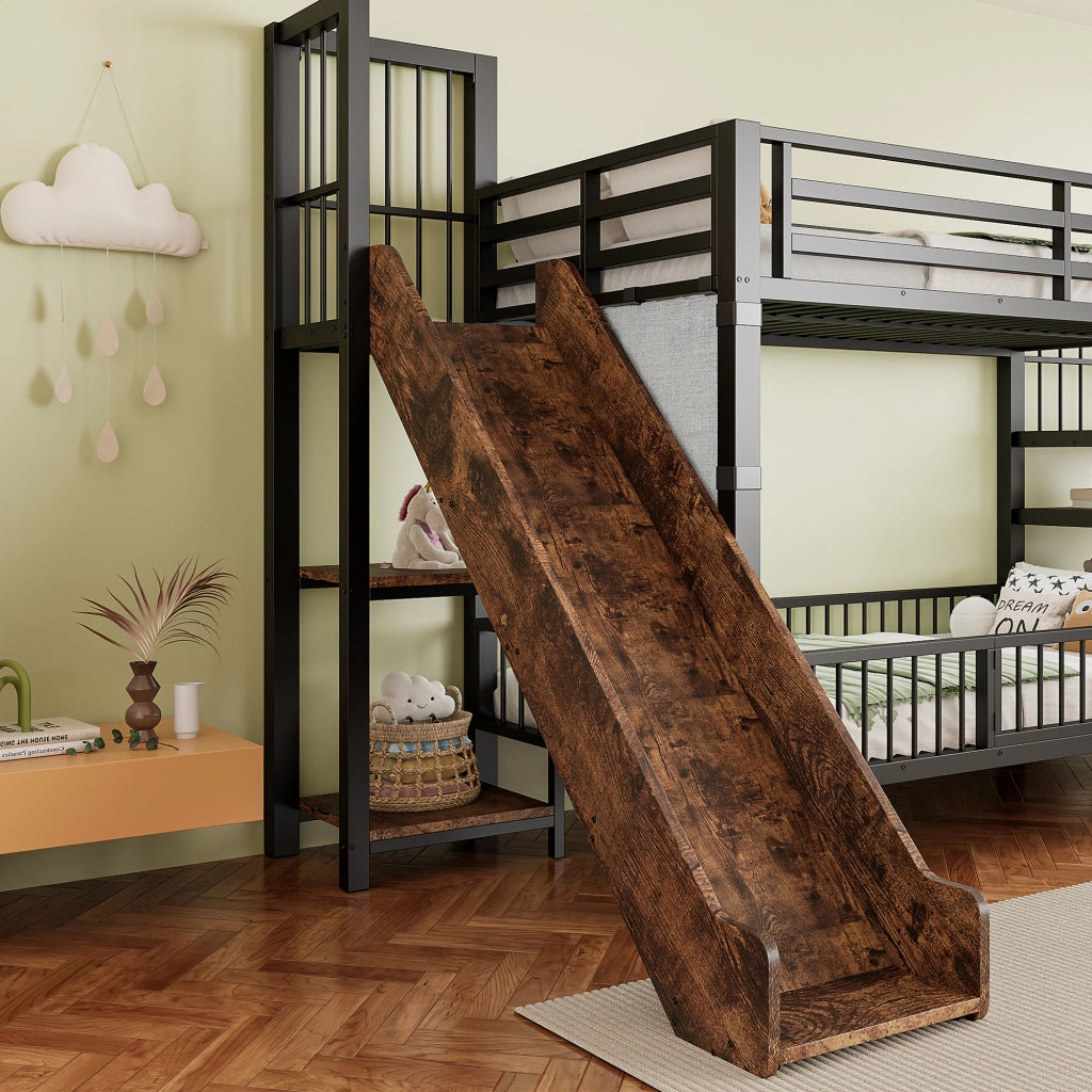 OKWISH Letto a soppalco 90×200 cm, Letto Singolo con Scala Contenitore, Scivolo, Mensole e Spondine, senza Materasso, in Metallo, Nero
