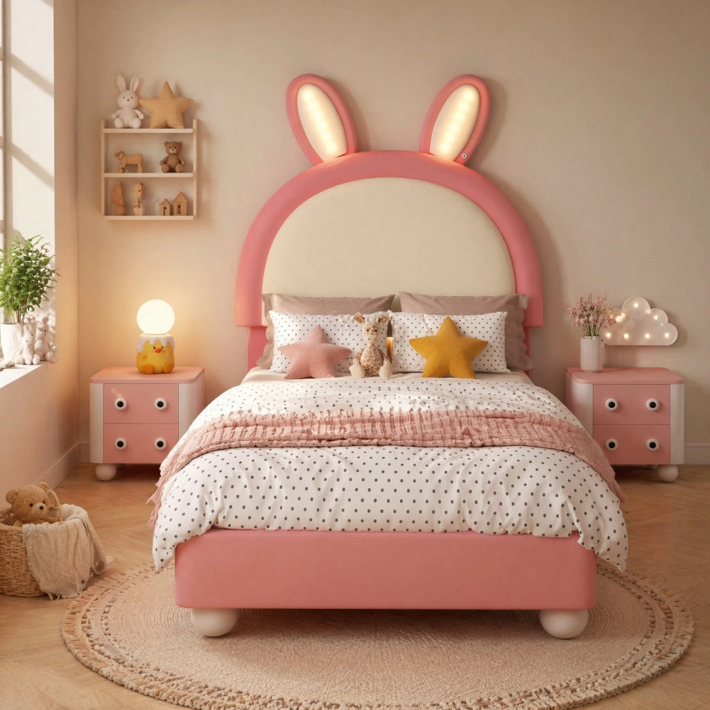 Letto imbottito per bambini con testiera a forma di coniglio e LED