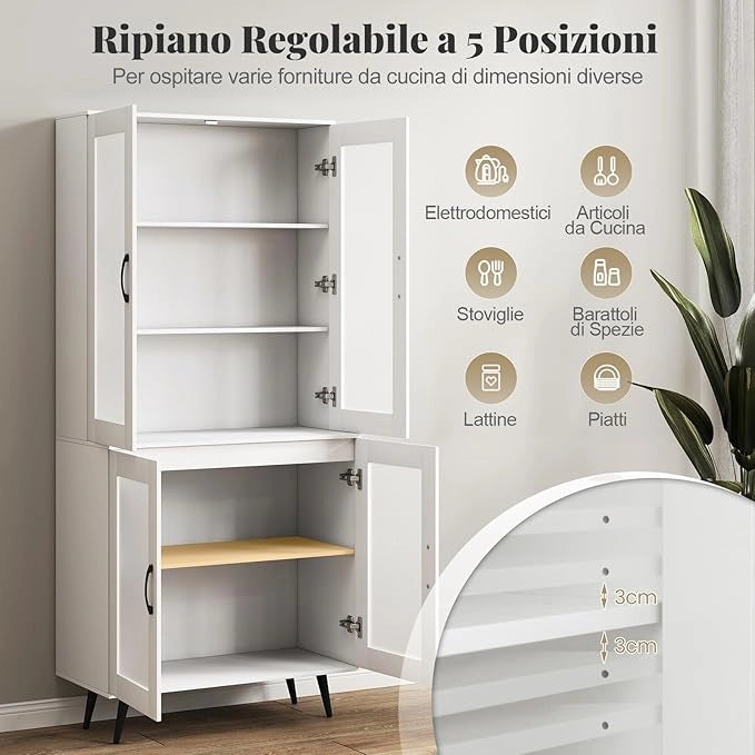 Credenza da Cucina Salvaspazio, Armadio Dispensa con 4 Ante Trasparenti, Ripiano Regolabile e Gambe in Metallo, Mobiletto Alto per Soggiorno e Sala da Pranzo, 80 x 40 x 178,5 cm (Bianco)