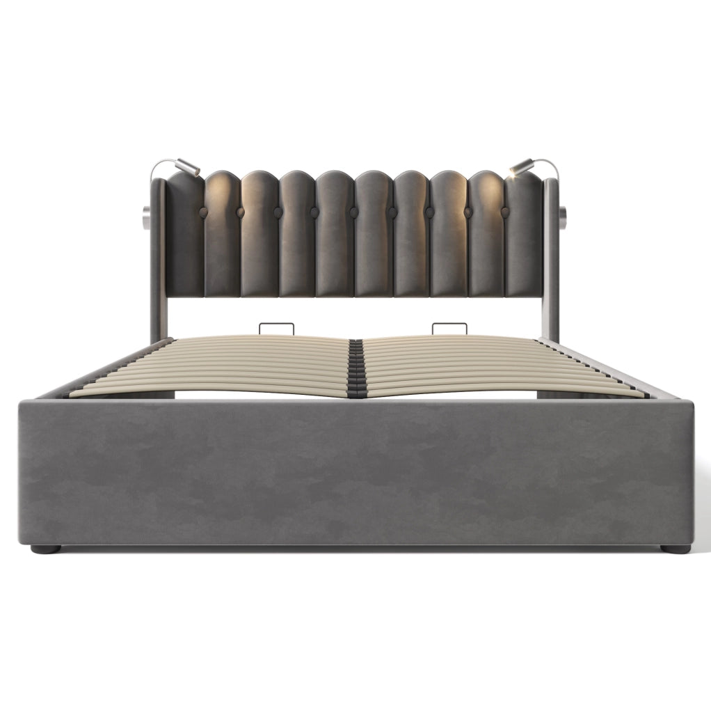 Letto imbottito 140x200 cm con contenitore; luce da lettura e USB in velluto grigio